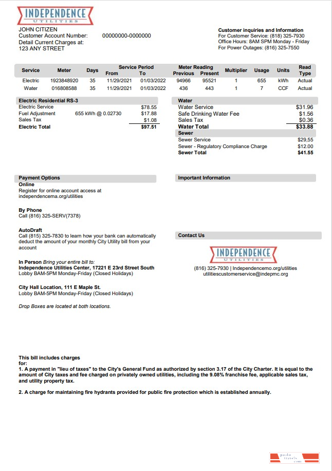 USA Missouri Independence Utilities utility bill template in Word and PDF format, version 2